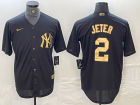 Cheap Men\'s New York Yankees #2 Derek Jeter Black Gold Cool Base Stitched Jersey