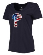 Wholesale Cheap Women's Philadelphia Phillies USA Flag Fashion T-Shirt Navy Blue