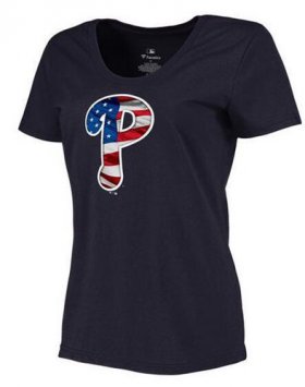 Wholesale Cheap Women\'s Philadelphia Phillies USA Flag Fashion T-Shirt Navy Blue