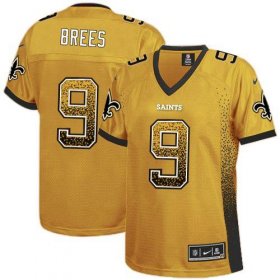 Wholesale Cheap Nike Saints #9 Drew Brees Gold Women\'s Stitched NFL Elite Drift Fashion Jersey