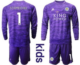 Wholesale Cheap Leicester City #1 Schmeichel Purple Goalkeeper Long Sleeves Kid Soccer Club Jersey