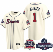 Wholesale Cheap Men's Cream Atlanta Braves #1 Ozzie Albies 2021 World Series Champions With 150th Anniversary Patch Cool Base Stitched Jersey