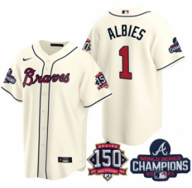 Wholesale Cheap Men\'s Cream Atlanta Braves #1 Ozzie Albies 2021 World Series Champions With 150th Anniversary Patch Cool Base Stitched Jersey