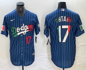 Cheap Men\'s Los Angeles Dodgers #17 Shohei Ohtani Number Mexico Blue Pinstripe Cool Base Stitched Jersey