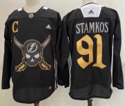 Wholesale Cheap Men's Tampa Bay Lightning #91 Steven Stamkos Black Pirate Themed Warmup Authentic Jersey