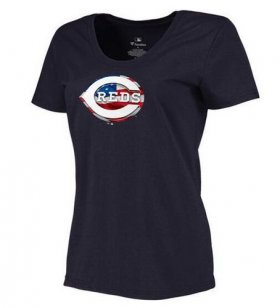 Wholesale Cheap Women\'s Cincinnati Reds USA Flag Fashion T-Shirt Navy Blue