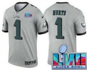 Cheap Men\'s Philadelphia Eagles #1 Jalen Hurts Limited Gray Inverted Super Bowl LVII Vapor Jersey