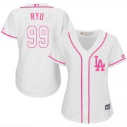 Wholesale Cheap Dodgers #99 Hyun-Jin Ryu White/Pink Fashion Women's Stitched MLB Jersey
