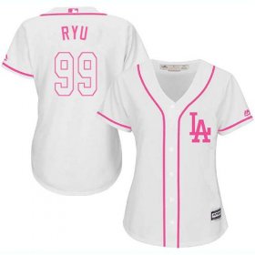 Wholesale Cheap Dodgers #99 Hyun-Jin Ryu White/Pink Fashion Women\'s Stitched MLB Jersey