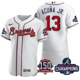 Wholesale Cheap Men\'s White Atlanta Braves #13 Ronald Acuna Jr. 2021 World Series Champions With 150th Anniversary Flex Base Stitched Jersey