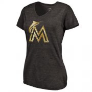 Wholesale Cheap Women's Miami Marlins Fanatics Apparel Gold Collection Tri-Blend V-Neck T-Shirt Black