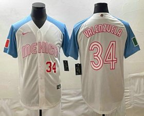 Cheap Men\'s Mexico Baseball #34 Fernando Valenzuela Number 2023 White Blue World Classic Stitched Jersey2