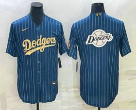 Cheap Men\'s Los Angeles Dodgers Big Logo Navy Blue Pinstripe Stitched MLB Cool Base Nike Jersey2