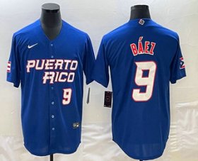 Cheap Men\'s Puerto Rico Baseball #9 Javier Baez Number 2023 Blue World Baseball Classic Stitched Jerseys