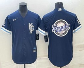 Cheap Men\'s Kansas City Royals Big Logo 2022 Navy Blue City Connect Cool Base Stitched Jerseys
