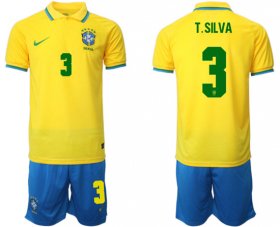 Cheap Men\'s Brazil #3 T. Silva Yellow Home Soccer Jersey Suit