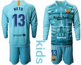 Wholesale Cheap Barcelona #13 Neto Light Blue Goalkeeper Long Sleeves Kid Soccer Club Jersey