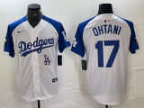 Cheap Men's Los Angeles Dodgers #17 Shohei Ohtani White Blue Fashion Stitched Cool Base Limited Jersey