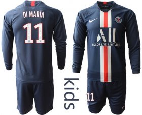 Wholesale Cheap Paris Saint-Germain #11 Di Maria Home Long Sleeves Kid Soccer Club Jersey