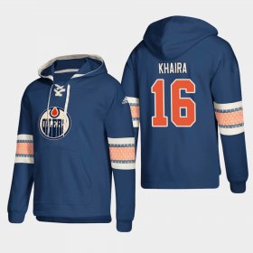 Wholesale Cheap Edmonton Oilers #16 Jujhar Khaira Royal adidas Lace-Up Pullover Hoodie