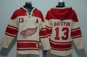 Wholesale Cheap Red Wings #13 Pavel Datsyuk Cream Sawyer Hooded Sweatshirt Stitched NHL Jersey
