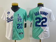 Wholesale Cheap Youth Los Angeles Dodgers #22 Bad Bunny White Green Two Tone 2022 Celebrity Softball Game Cool Base Jersey1