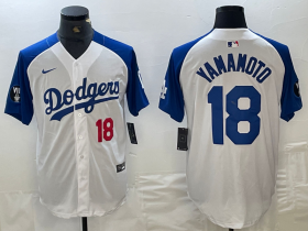 Cheap Men\'s Los Angeles Dodgers #18 Yoshinobu Yamamoto Number White Blue Fashion Stitched Cool Base Limited Jersey
