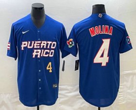 Cheap Men\'s Puerto Rico Baseball #4 Yadier Molina Number 2023 Blue World Baseball Classic Stitched Jerseys