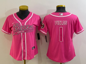 Wholesale Cheap Women\'s Chicago Bears #1 Justin Fields Pink With Patch Cool Base Stitched Baseball Jersey