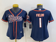 Wholesale Cheap Women's Chicago Bears #1 Justin Fields Navy With Patch Cool Base Stitched Baseball Jersey