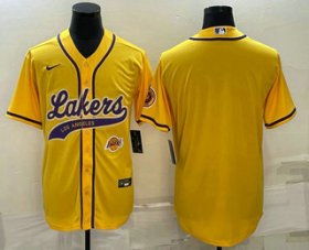 Cheap Men\'s Los Angeles Lakers Blank Yellow With Patch Cool Base Stitched Baseball Jersey