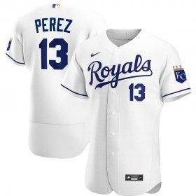 Wholesale Cheap Kansas City Royals #13 Salvador Perez Men\'s Nike White Home 2020 Authentic Player MLB Jersey