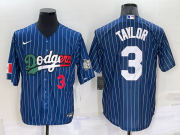 Wholesale Cheap Mens Los Angeles Dodgers #3 Chris Taylor Number Navy Blue Pinstripe 2020 World Series Cool Base Nike Jersey