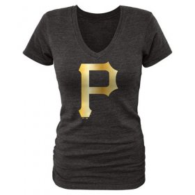 Wholesale Cheap Women\'s Pittsburgh Pirates Fanatics Apparel Gold Collection V-Neck Tri-Blend T-Shirt Black
