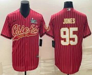 Cheap Men's Kansas City Chiefs #95 Chris Jones Red Pinstripe With Super Bowl LVII Patch Cool Base Stitched Baseball Jersey