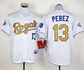 Wholesale Cheap Royals #13 Salvador Perez White 2015 World Series Champions Gold Program Stitched MLB Jersey