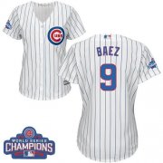 Wholesale Cheap Cubs #9 Javier Baez White(Blue Strip) Home 2016 World Series Champions Women's Stitched MLB Jersey