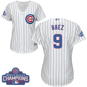 Wholesale Cheap Cubs #9 Javier Baez White(Blue Strip) Home 2016 World Series Champions Women\'s Stitched MLB Jersey