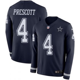 Wholesale Cheap Nike Cowboys #4 Dak Prescott Navy Blue Team Color Youth Stitched NFL Limited Therma Long Sleeve Jersey