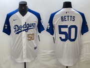 Cheap Mens Los Angeles Dodgers #50 Mookie Betts Number White Blue Fashion Stitched Cool Base Limited Jersey