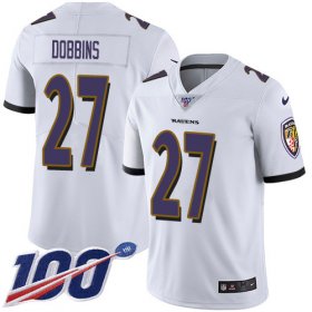 Wholesale Cheap Nike Ravens #27 J.K. Dobbins White Men\'s Stitched NFL 100th Season Vapor Untouchable Limited Jersey