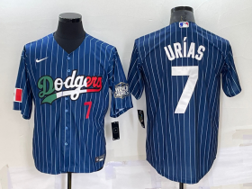 Wholesale Cheap Mens Los Angeles Dodgers #7 Julio Urias Number Navy Blue Pinstripe 2020 World Series Cool Base Nike Jersey