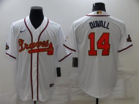 Wholesale Cheap Men\'s Atlanta Braves #14 Adam Duvall 2022 White Gold World Series Champions Program Cool Base Stitched Jersey