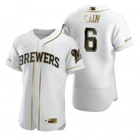 Wholesale Cheap Milwaukee Brewers #6 Lorenzo Cain White Nike Men\'s Authentic Golden Edition MLB Jersey