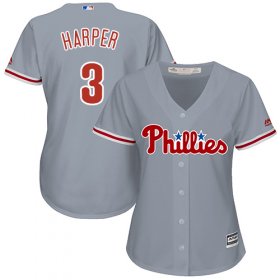 Wholesale Cheap Phillies #3 Bryce Harper Grey Road Women\'s Stitched MLB Jersey