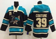 Wholesale Cheap Sharks #39 Logan Couture Black Sawyer Hooded Sweatshirt Stitched NHL Jersey