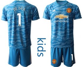 Wholesale Cheap Manchester United #1 De Gea Light Blue Goalkeeper Kid Soccer Club Jersey