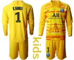 Wholesale Cheap Paris Saint Germain #1 K.Navas Yellow Goalkeeper Long Sleeves Kid Soccer Club Jersey