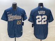 Cheap Men's New York Yankees #22 Juan Soto Number Blue Pinstripe Cool Base Stitched Baseball Jersey