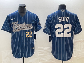 Cheap Men\'s New York Yankees #22 Juan Soto Number Blue Pinstripe Cool Base Stitched Baseball Jersey